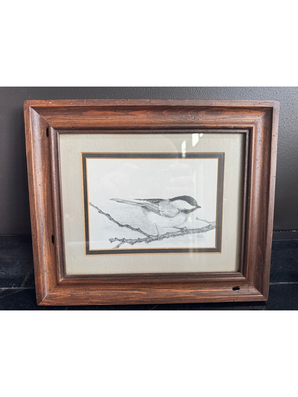 Original Nancy Korslin "Black-Capped Chickadee" Framed Pencil Drawing